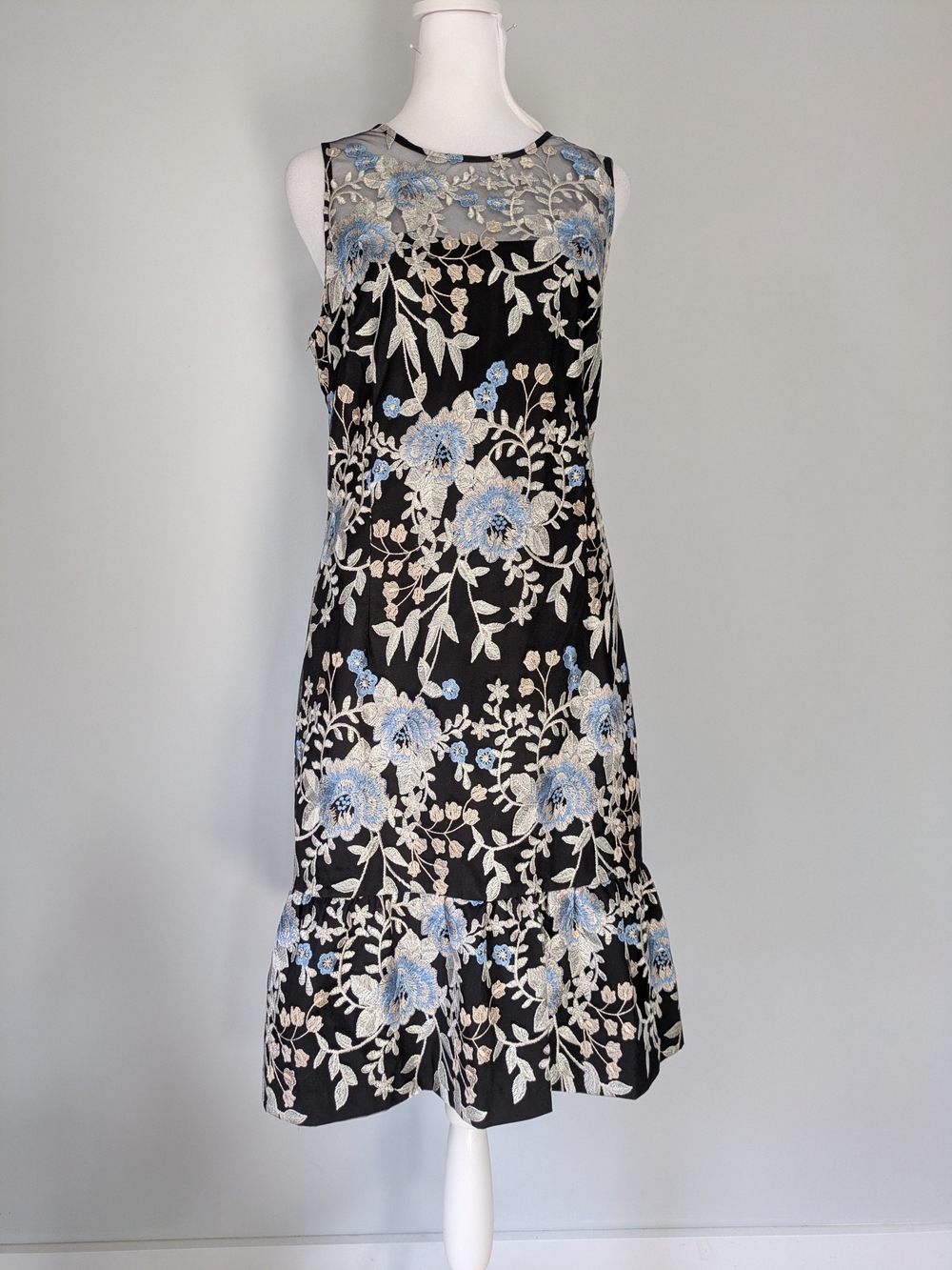 White House Black Market Black Midi Dress with Blue and Cream Floral Lace